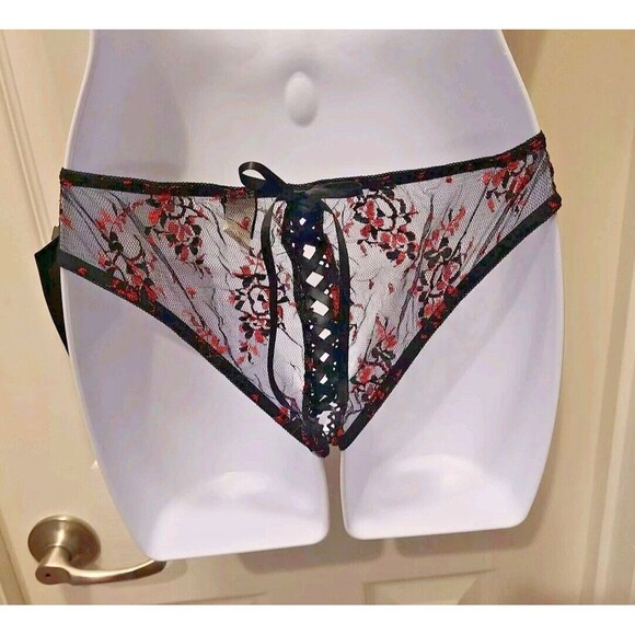 Vtg Frederick's Of Hollywood SEDUCTION BLACK RED LACE CROTCHLESS Panties Sz M - Picture 2 of 11